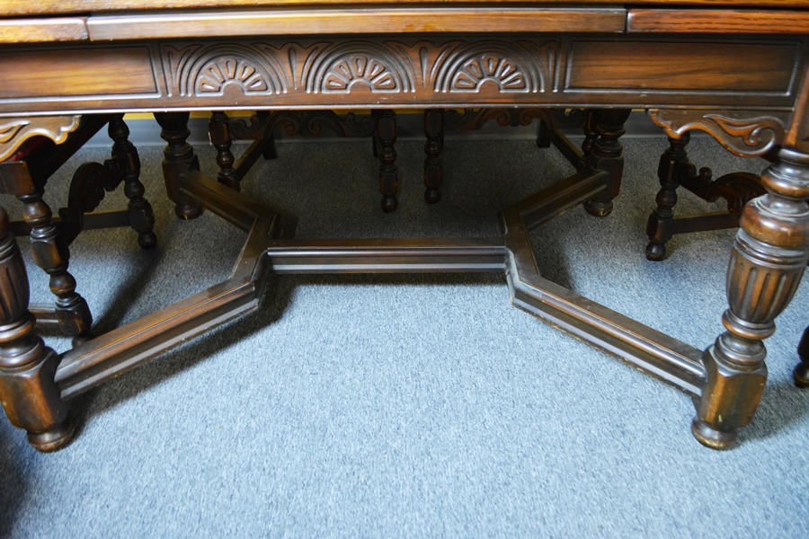 Alms & Doepke Carved Walnut Dining Table and Six Chairs