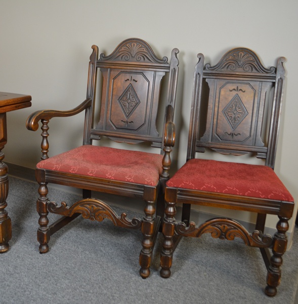 Alms & Doepke Carved Walnut Dining Table and Six Chairs