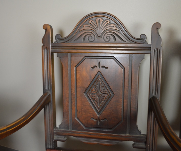 Alms & Doepke Carved Walnut Dining Table and Six Chairs