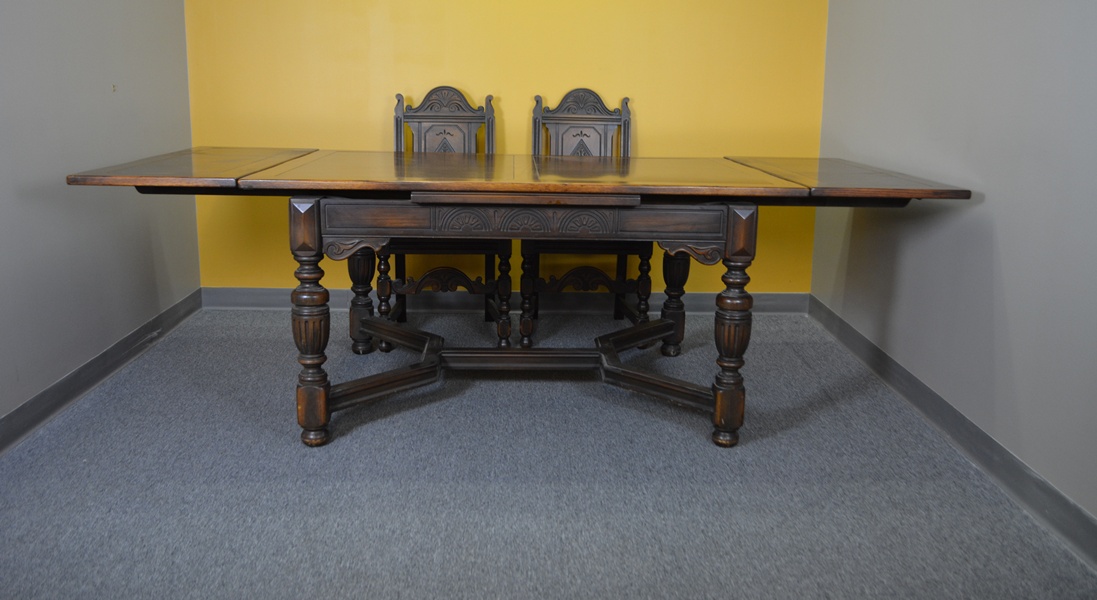 Alms & Doepke Carved Walnut Dining Table and Six Chairs