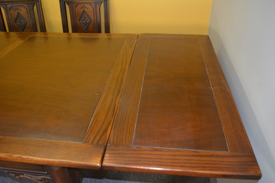 Alms & Doepke Carved Walnut Dining Table and Six Chairs