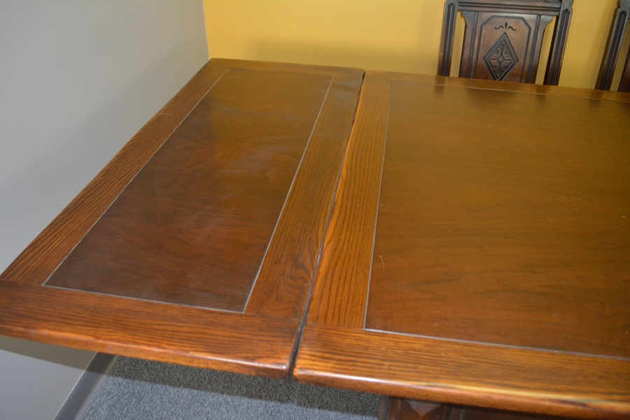 Alms & Doepke Carved Walnut Dining Table and Six Chairs