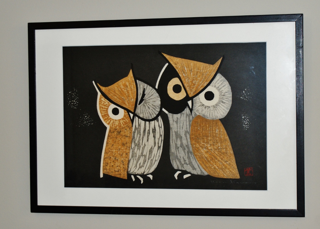 Kaoru Kawano Two Owls Japanese Woodblock Print
