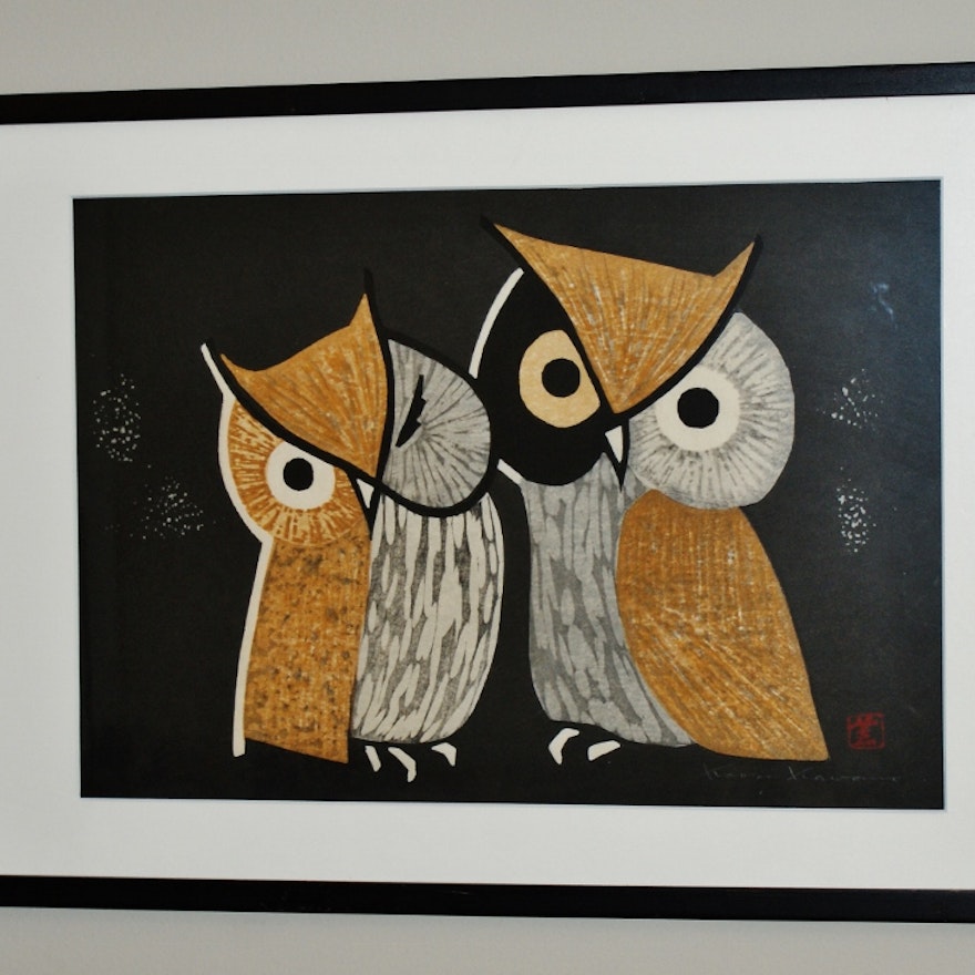 Kaoru Kawano Two Owls Japanese Woodblock Print