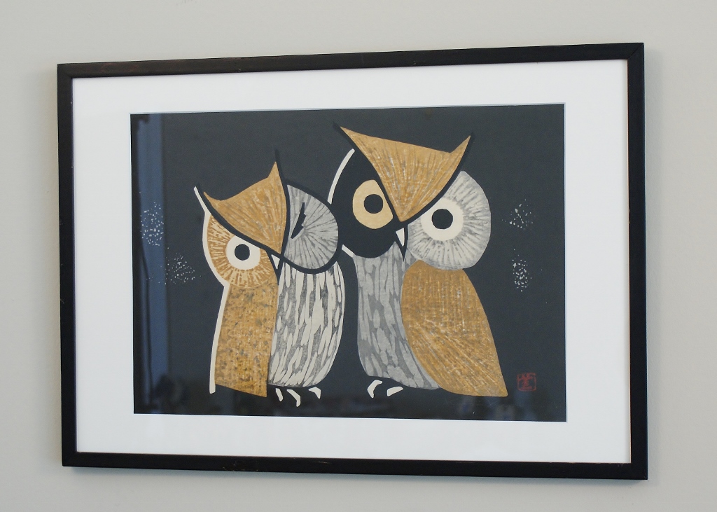 Kaoru Kawano Two Owls Japanese Woodblock Print
