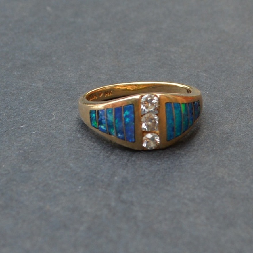 14K Yellow Gold Ring With Three Diamonds and Inlay Opal by Kabana