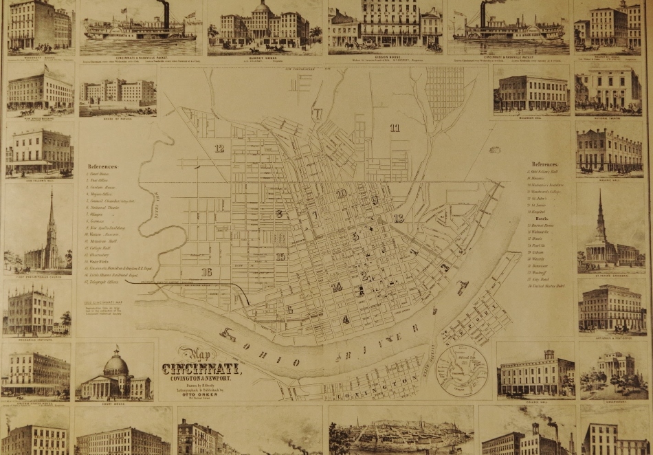 Antique Otto Onken Lithograph Map of CIncinnati