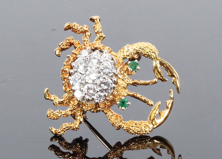 Diamond and Emerald Crab Brooch