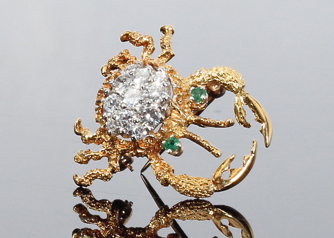 Diamond and Emerald Crab Brooch