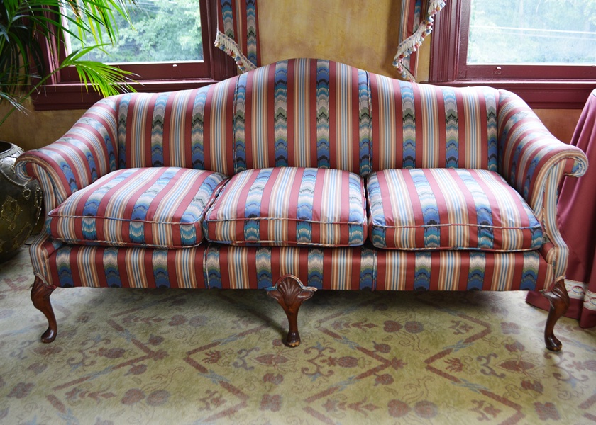 Antique Queen Anne Style Silk Camelback Sofa