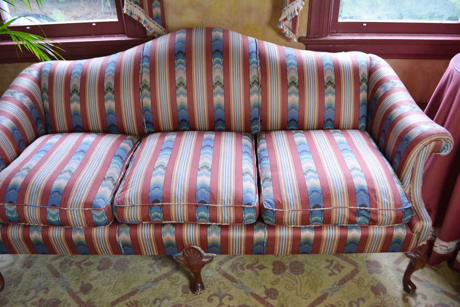 Antique Queen Anne Style Silk Camelback Sofa