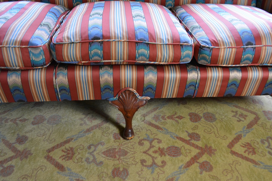 Antique Queen Anne Style Silk Camelback Sofa