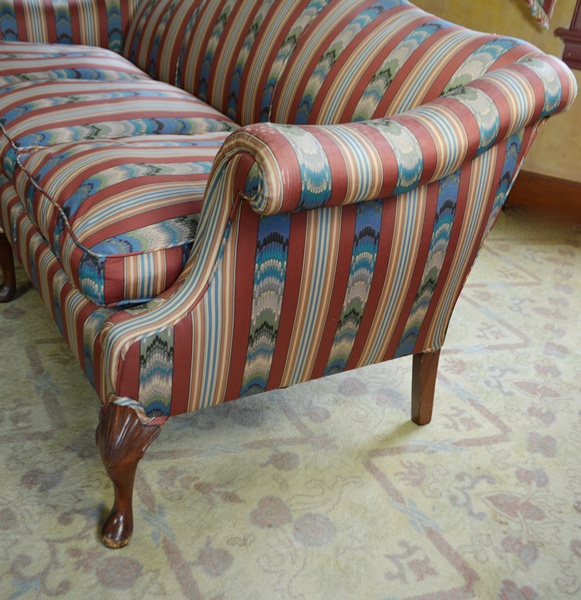 Antique Queen Anne Style Silk Camelback Sofa