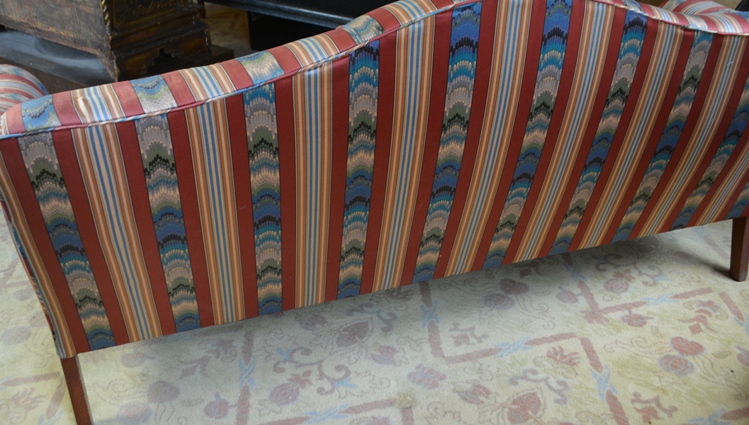 Antique Queen Anne Style Silk Camelback Sofa