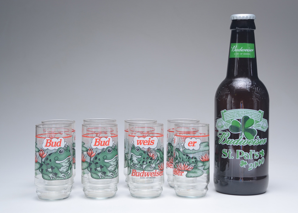 Eight Budweiser Beer Frog Tumblers and Large Beer Bottle