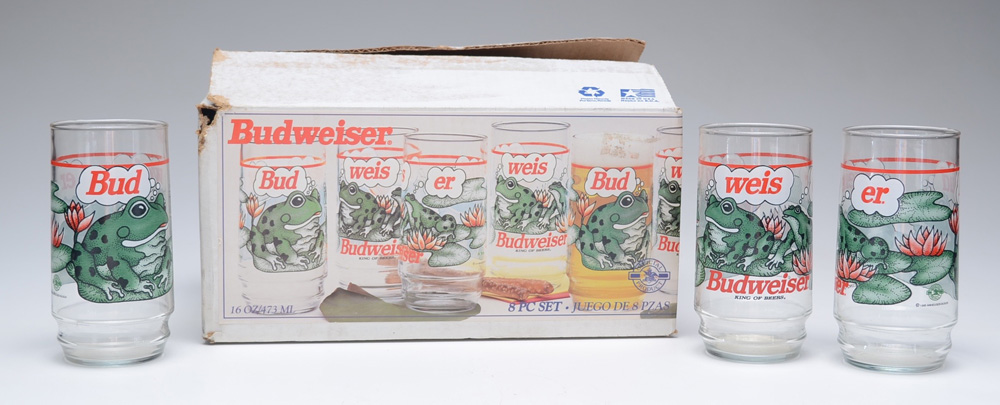 Eight Budweiser Beer Frog Tumblers and Large Beer Bottle