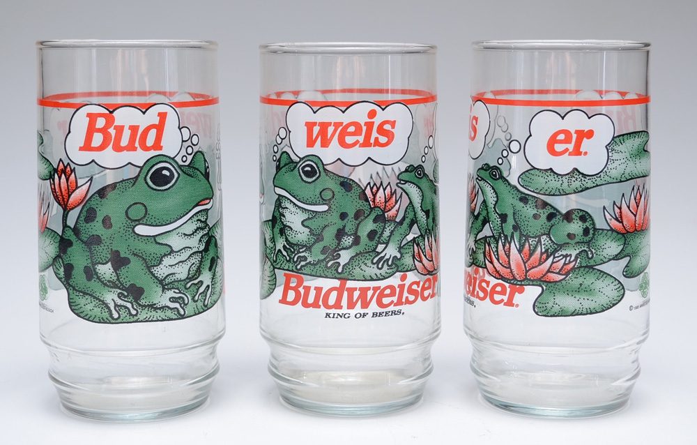 Eight Budweiser Beer Frog Tumblers and Large Beer Bottle