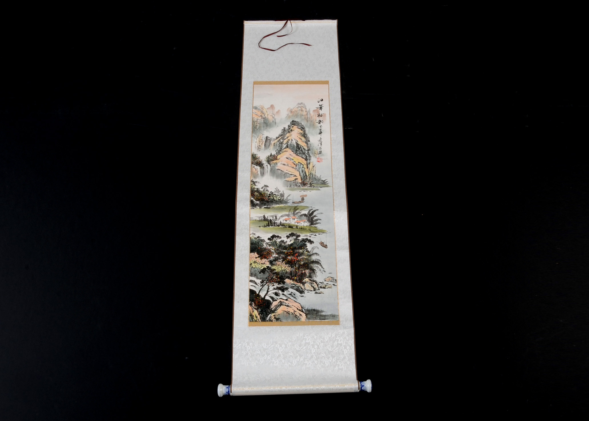 Japanese Silk Painting Scroll with Porcelain Handles