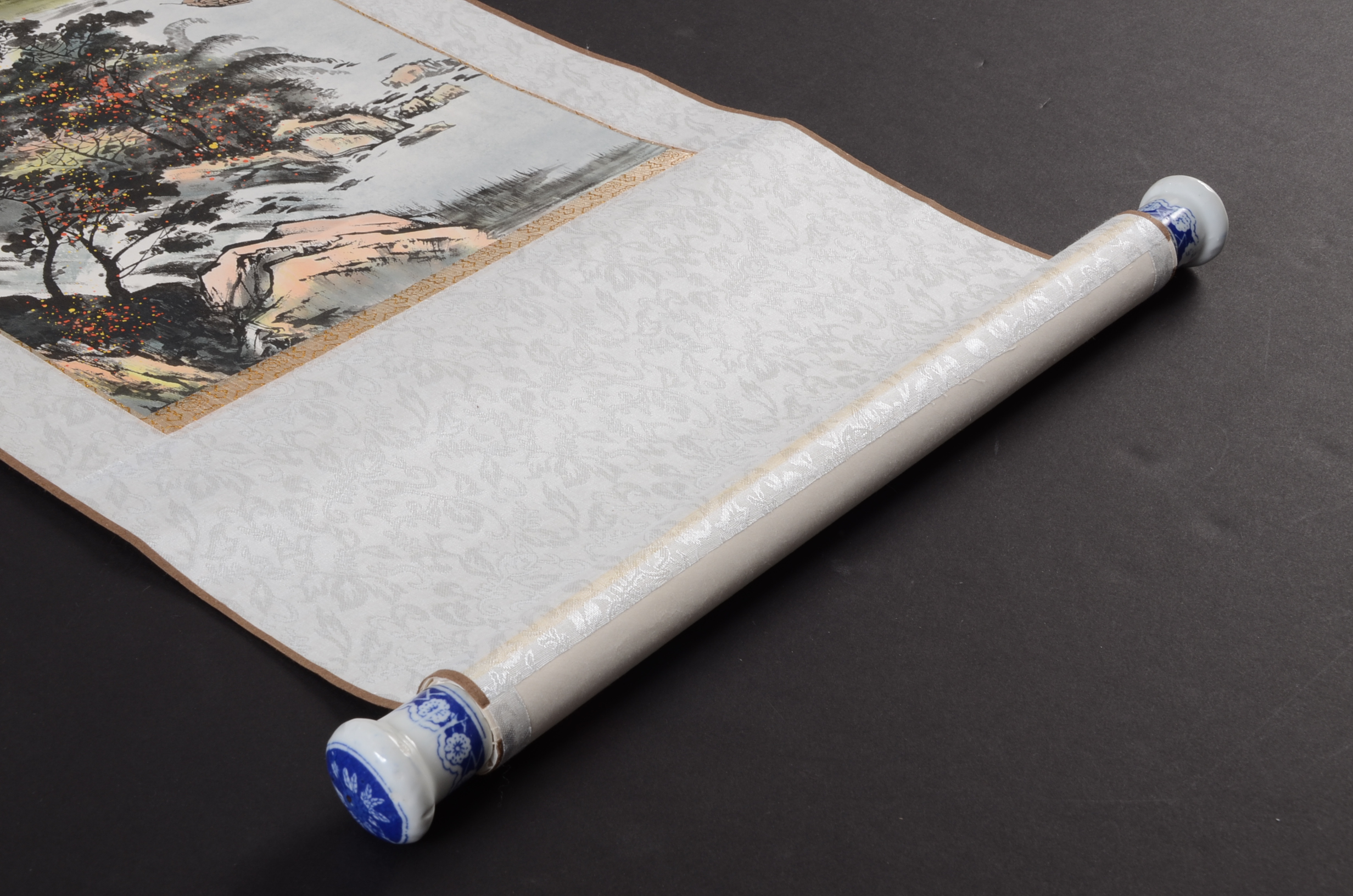 Japanese Silk Painting Scroll with Porcelain Handles