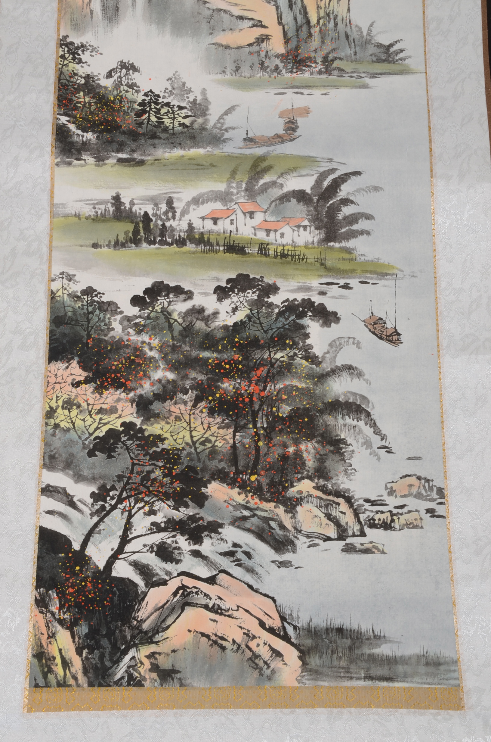 Japanese Silk Painting Scroll with Porcelain Handles