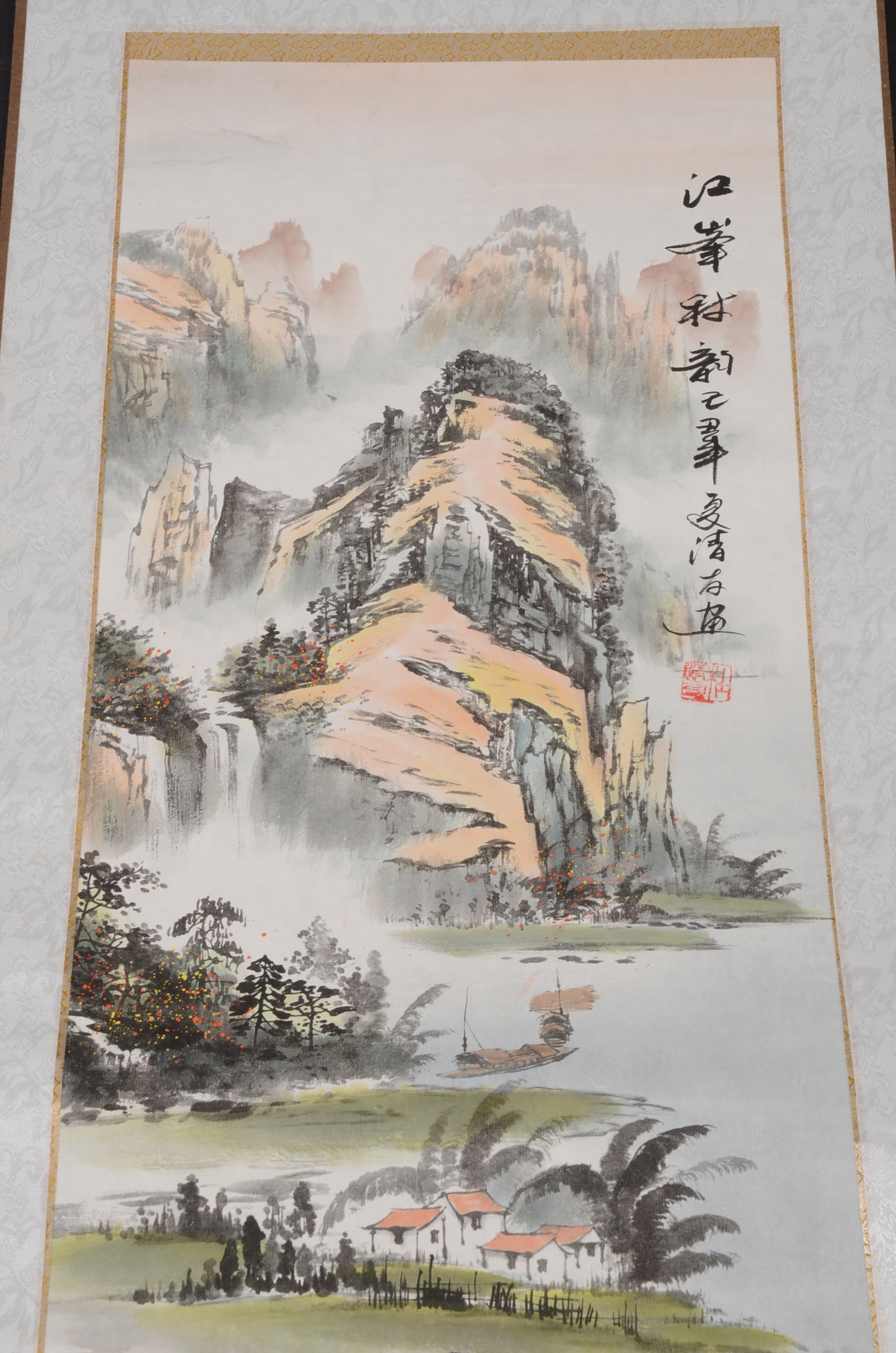 Japanese Silk Painting Scroll with Porcelain Handles