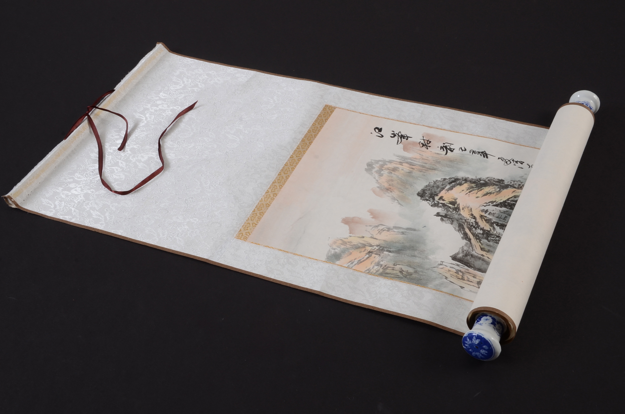 Japanese Silk Painting Scroll with Porcelain Handles