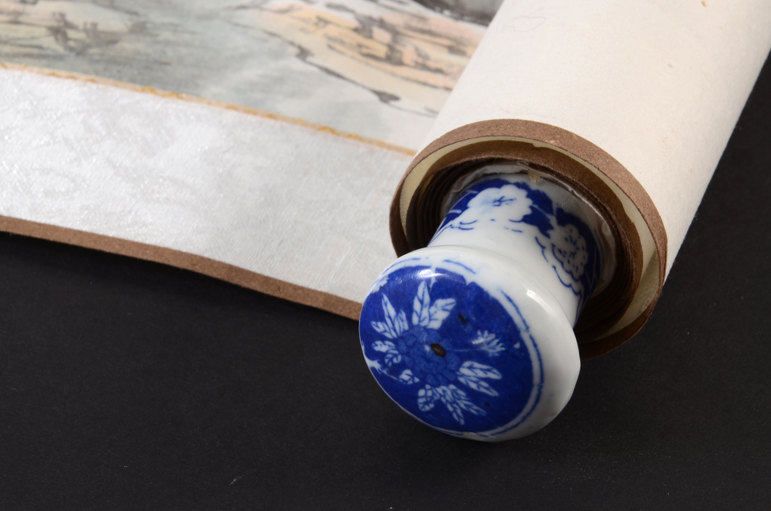 Japanese Silk Painting Scroll with Porcelain Handles