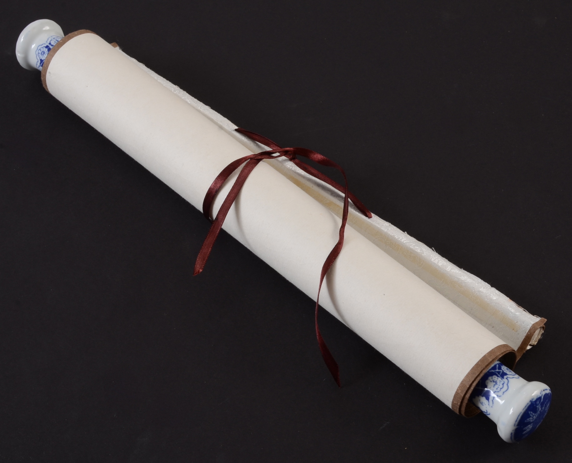 Japanese Silk Painting Scroll with Porcelain Handles