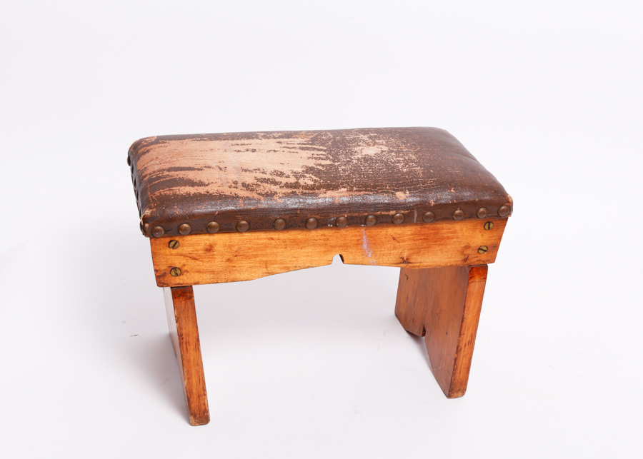 Vintage Footstool with Worn Leather Top