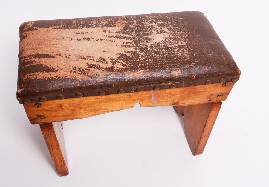 Vintage Footstool with Worn Leather Top