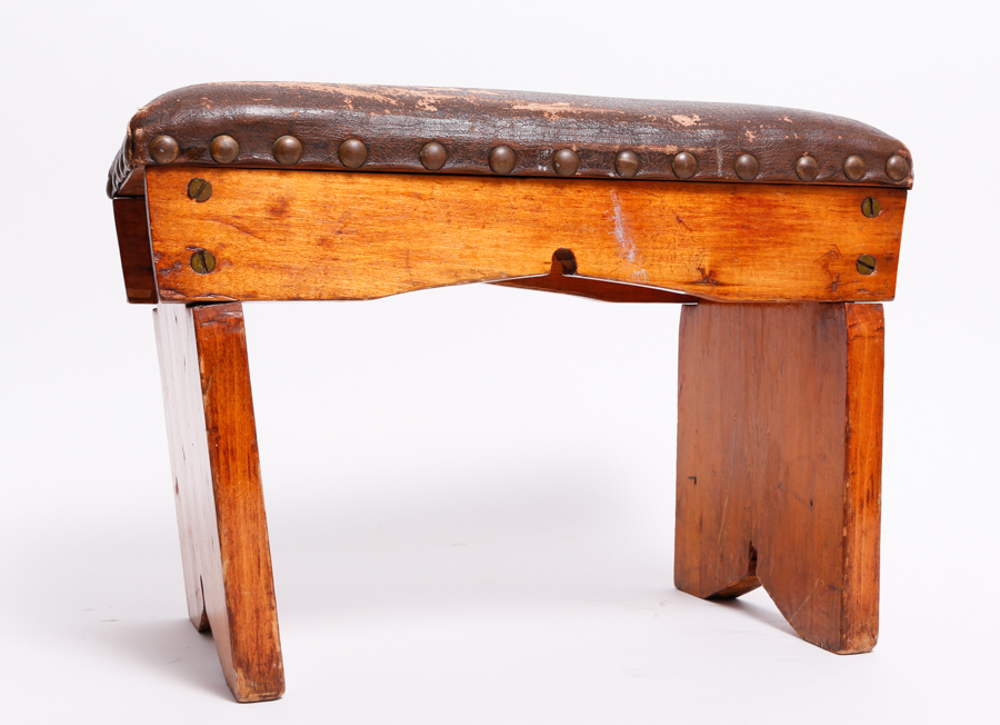 Vintage Footstool with Worn Leather Top