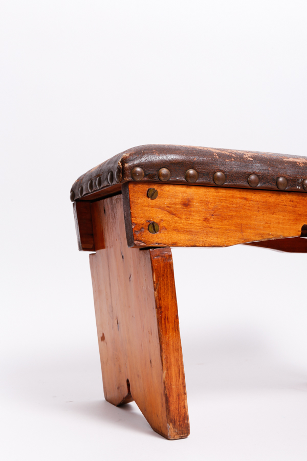 Vintage Footstool with Worn Leather Top