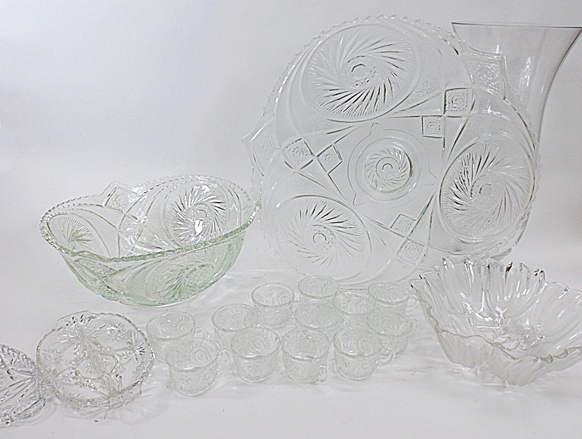 Pressed Glassware Group with Punch Bowl Set