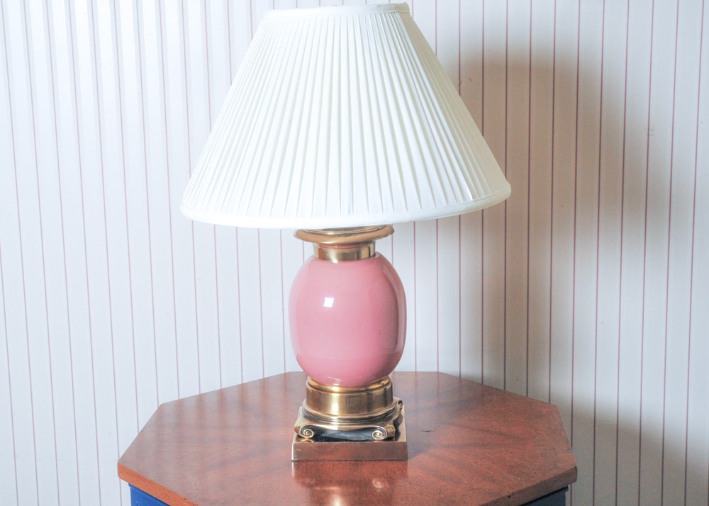 Pink Glass and Brass Lamp