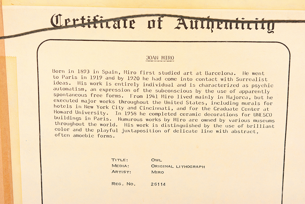 Original Joan Miro Lithograph Titled "Owl"