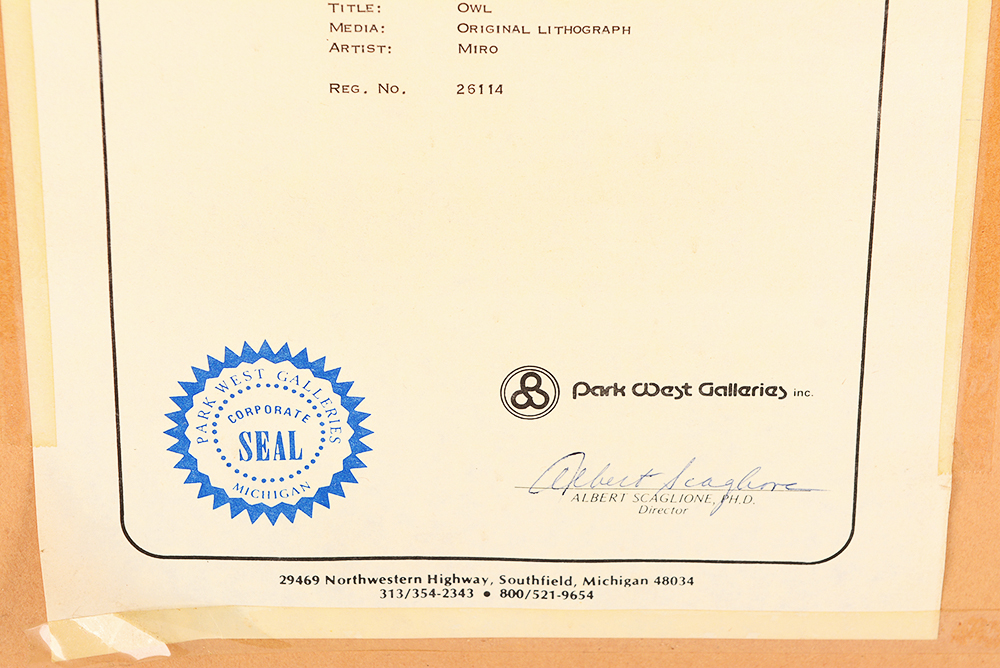 Original Joan Miro Lithograph Titled "Owl"