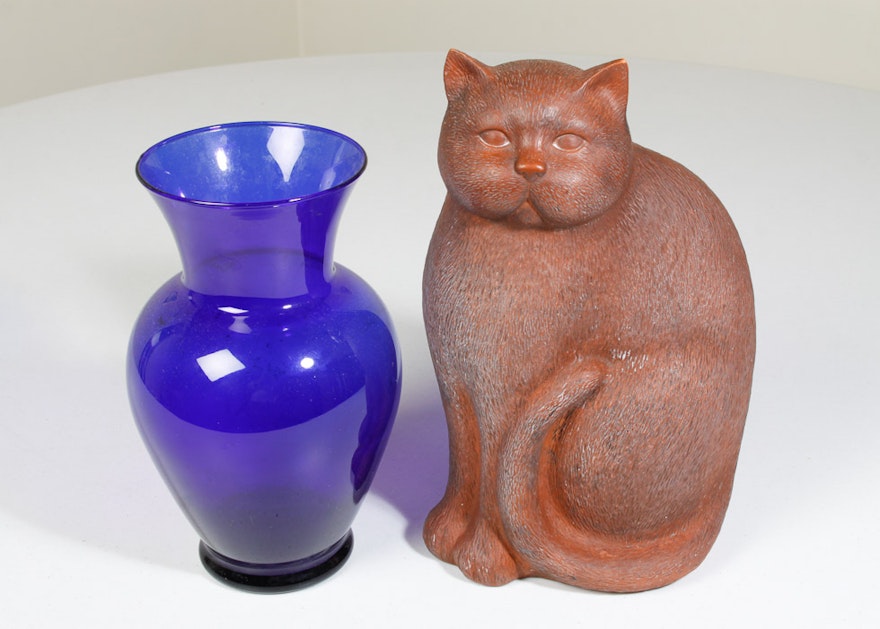Glass Vase and Terra Cotta Cat