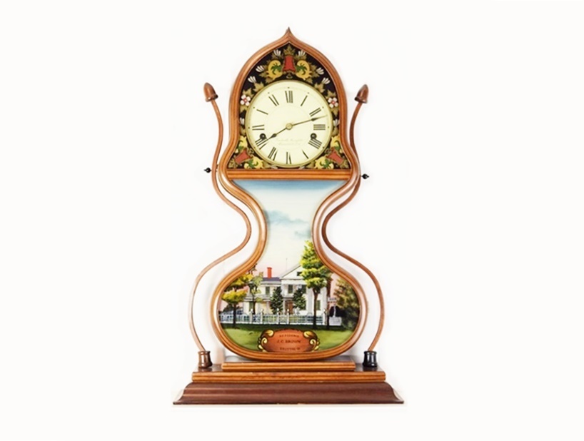 Rare J.C. Brown Acorn Shelf Clock with "Residence" Painting