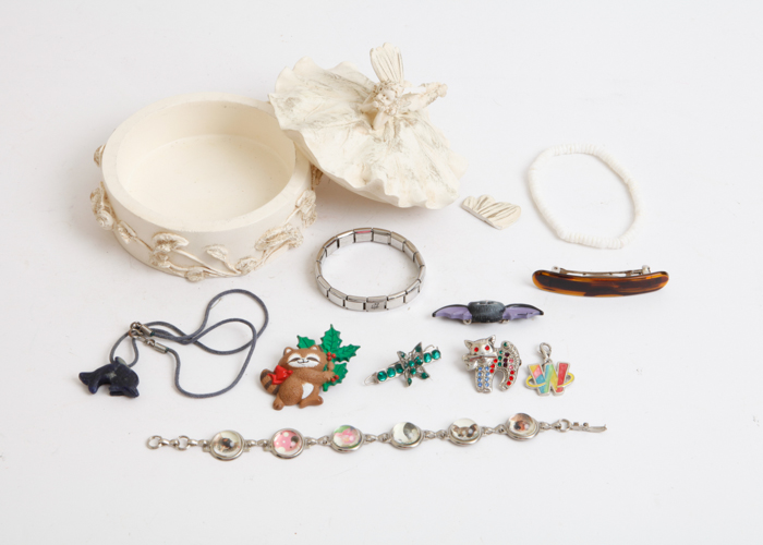 Assorted Pins, Bracelets, and a Fairy Box