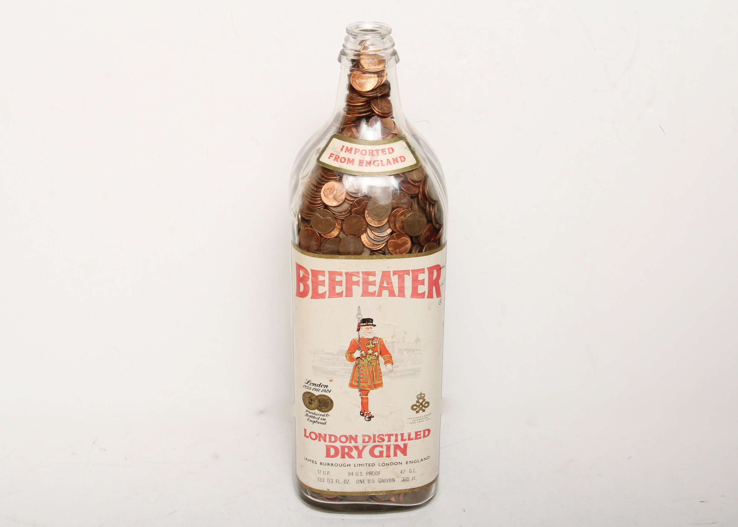 Oversized Beefeater Gin Bottle Filled With Pennies