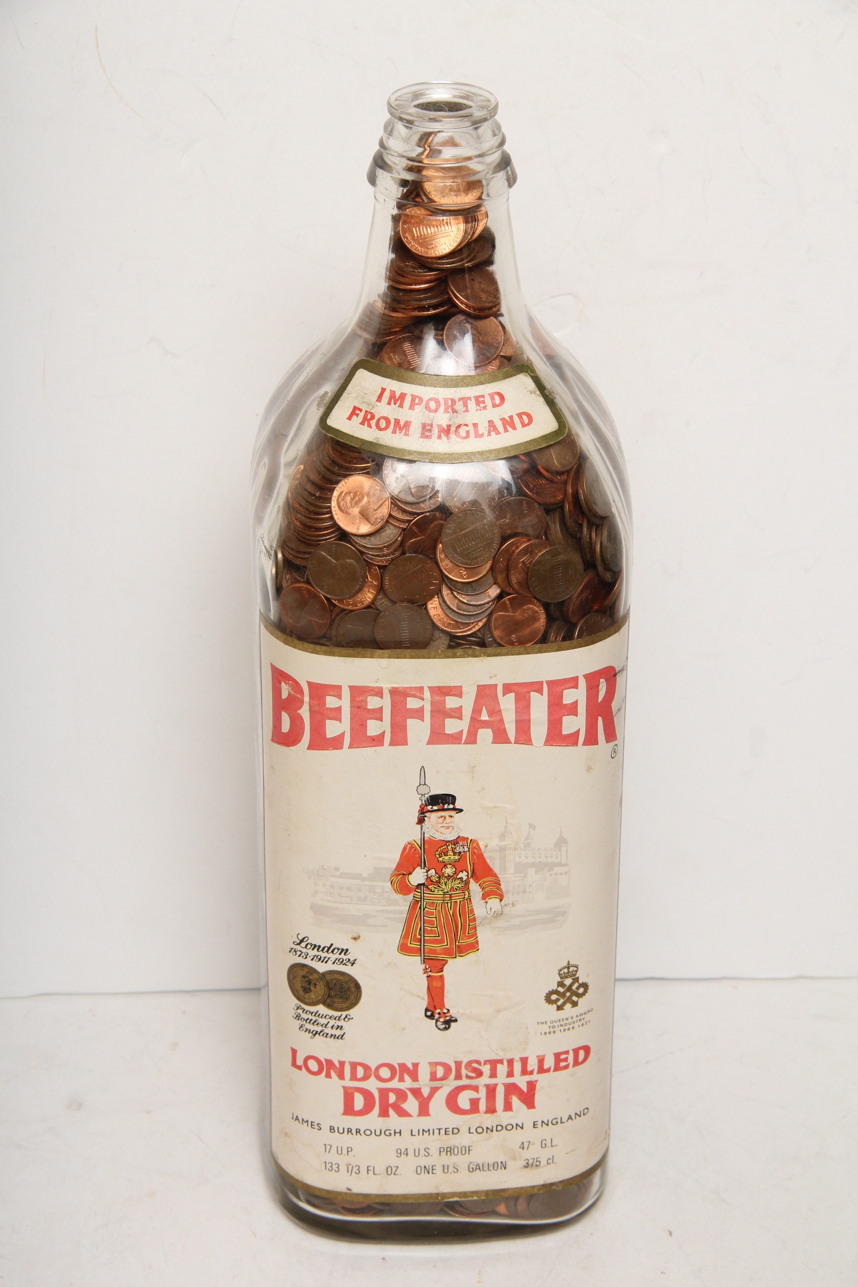 Oversized Beefeater Gin Bottle Filled With Pennies