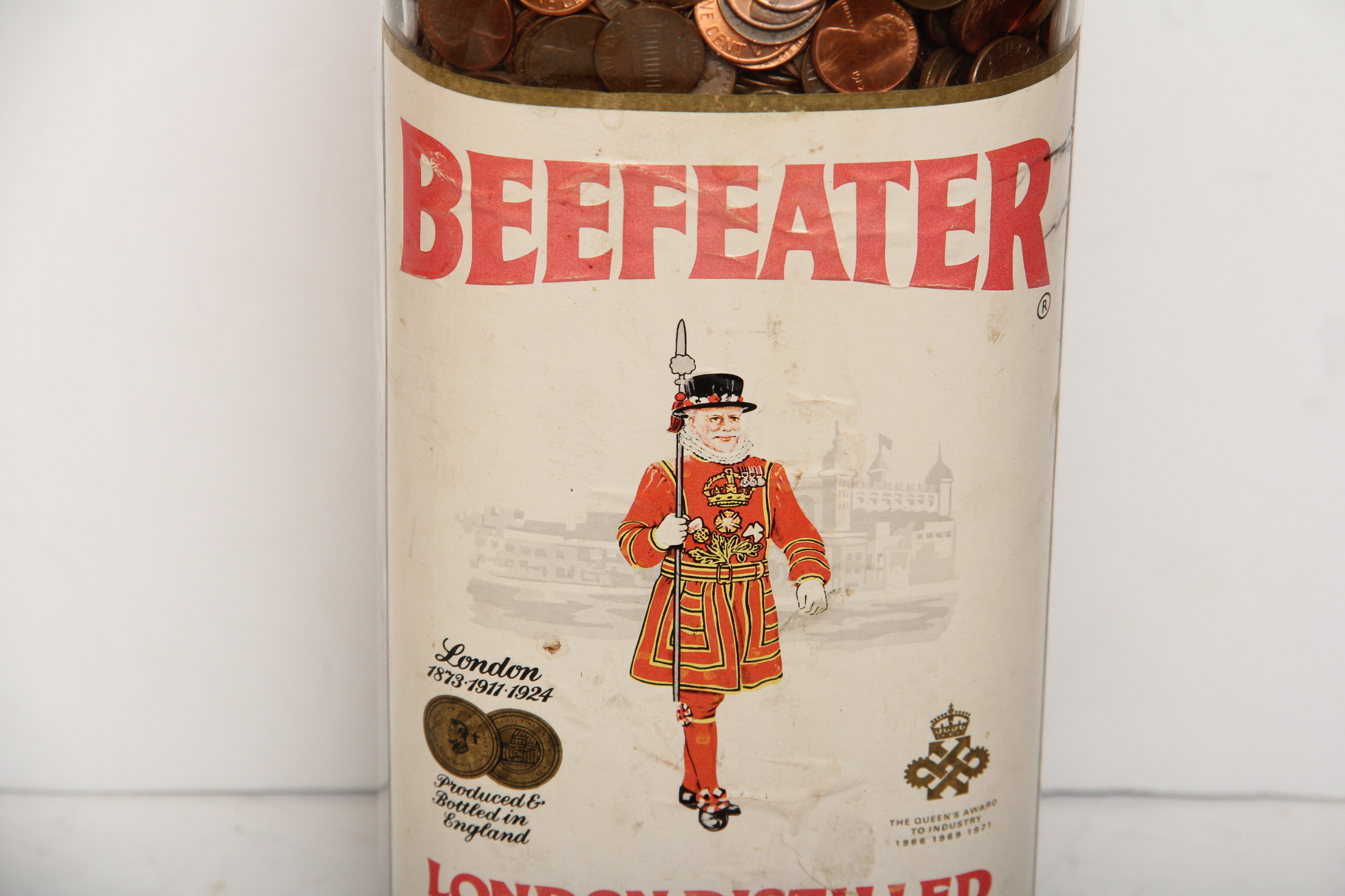 Oversized Beefeater Gin Bottle Filled With Pennies