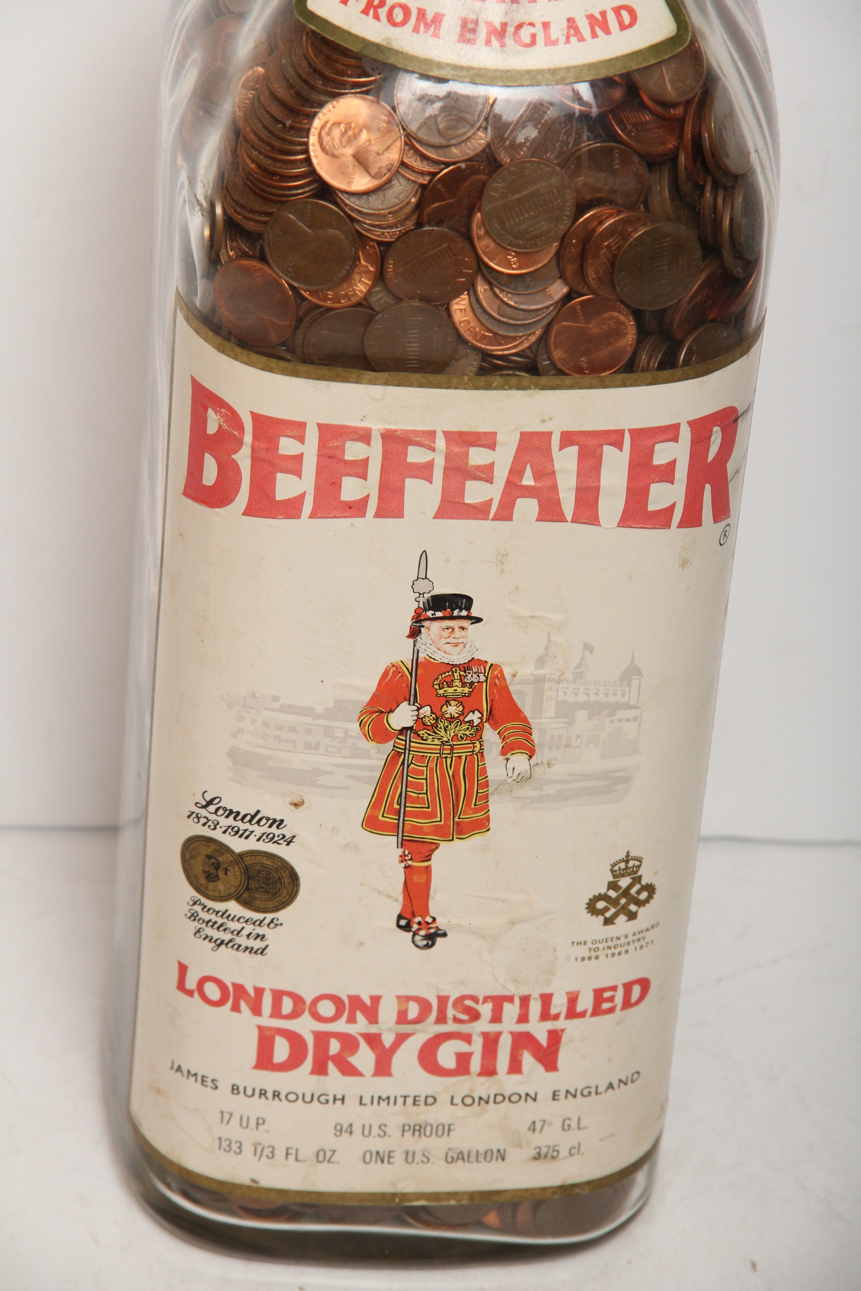 Oversized Beefeater Gin Bottle Filled With Pennies