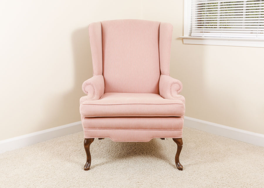 Queen Anne Style Pink Stripe Upholstered Wingback Chair