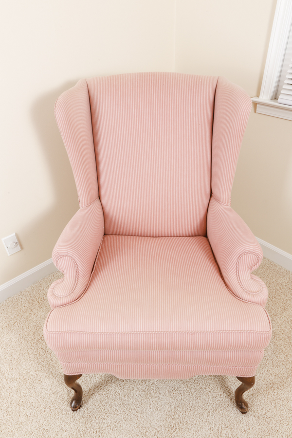 Queen Anne Style Pink Stripe Upholstered Wingback Chair