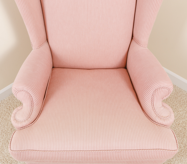 Queen Anne Style Pink Stripe Upholstered Wingback Chair