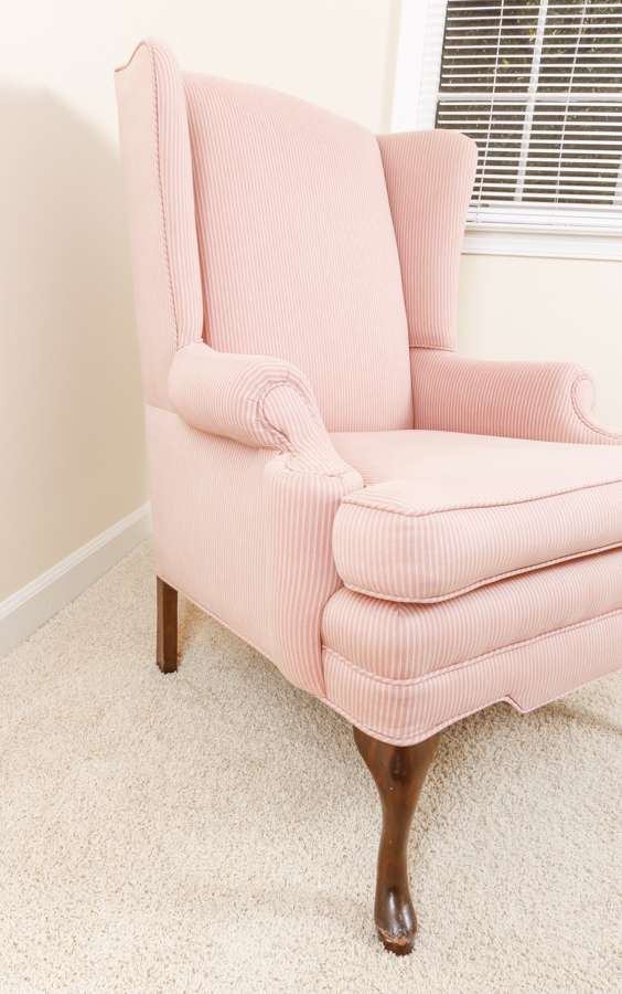 Queen Anne Style Pink Stripe Upholstered Wingback Chair