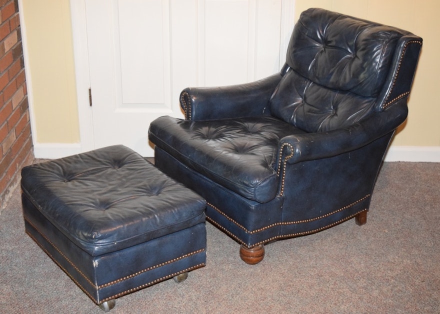Blue Leather Upholstered Tufted Club Chair and Ottoman