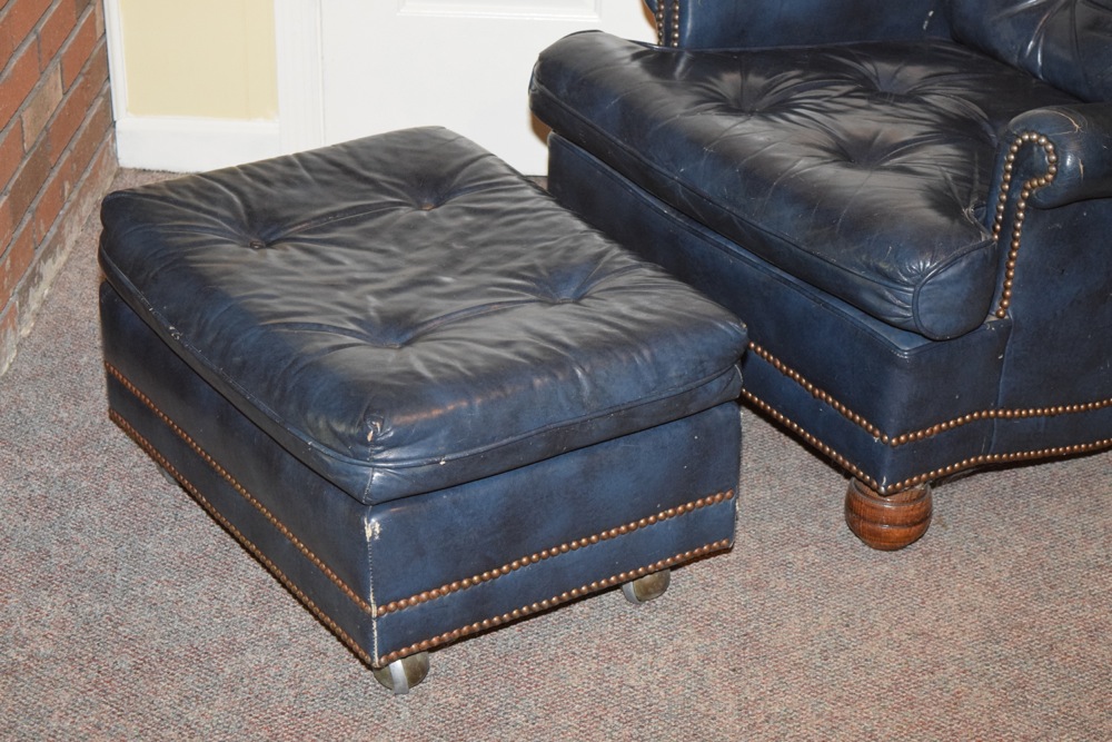 Blue Leather Upholstered Tufted Club Chair and Ottoman