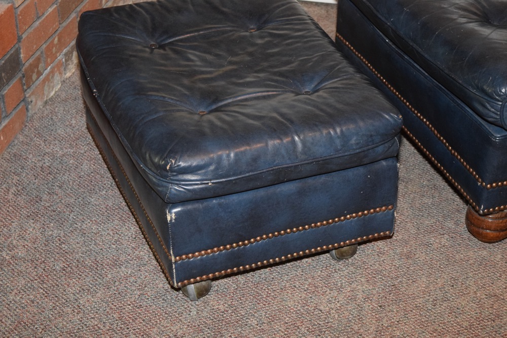 Blue Leather Upholstered Tufted Club Chair and Ottoman